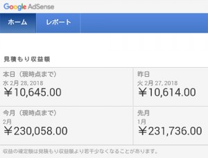 adsenseの2月収入が2ヶ月連続の23万円超えに